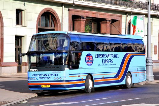 MOSCOW, RUSSIA - JUNE 3, 2012: Blue Neoplan N1116 Cityliner interurban coach at the city street.