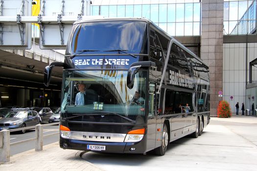 FRANKFURT AM MAIN, GERMANY - SEPTEMBER 13, 2013: Black Setra S431DT luxury interurban coach at the bus station at Flughafen International Airport.