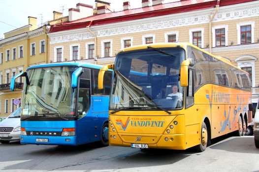 SAINT PETERSBURG, RUSSIA - MAY 25, 2013: Golden Jonckheere Arrow interurban coach at the city street.