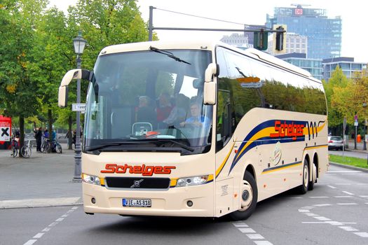 BERLIN, GERMANY - SEPTEMBER 12, 2013: Brown Carrus 9700HD coach at the city street.