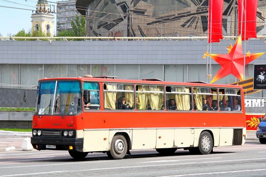 MOSCOW, RUSSIA - MAY 6, 2012: Red Ikarus 256 interurban coach at the city street.