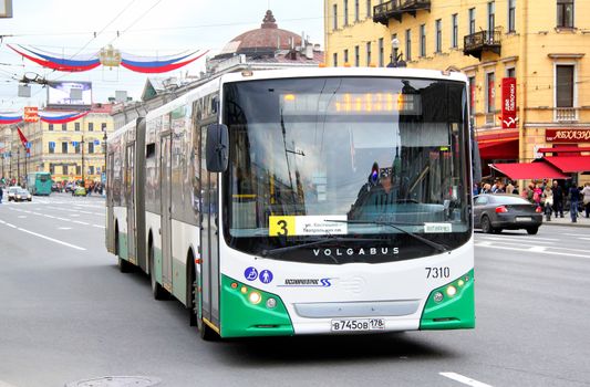 SAINT PETERSBURG, RUSSIA - MAY 26, 2013: Volgabus CityRhythm city bus of the PAT bus company at city street.