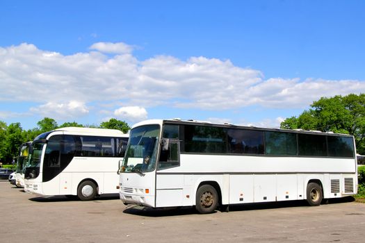 PETERGOF, RUSSIA - MAY 27, 2013: White Smit Orion and MAN R08 Lion's Top Coach interurban coaches at the bus station.