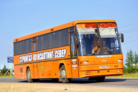 NOVYY URENGOY, RUSSIA - JULY 18, 2013: Orange MAZ 152 interurban coach at the city street.