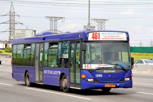 MOSCOW, RUSSIA - JUNE 2, 2012: Blue Scania OmniLink city bus at the city street.