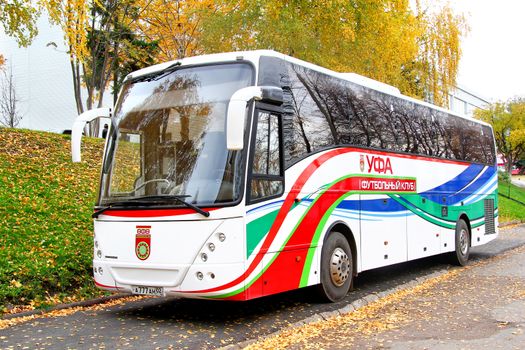 UFA, RUSSIA - OCTOBER 11, 2011: White VDL Mistral club coach of the football club Ufa at the city street.