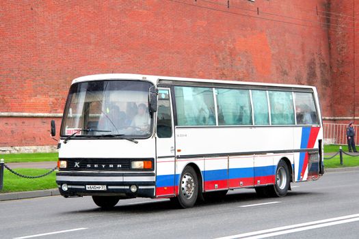 MOSCOW, RUSSIA - MAY 6, 2012: White Setra S211H interurban coach at the city street.