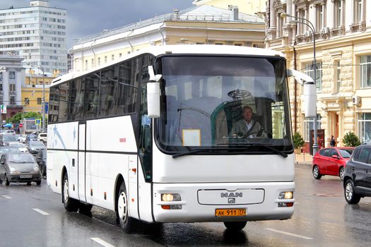 MOSCOW, RUSSIA - JUNE 3, 2012: White MAN A03 Lion's Star interurban coach at the city street.