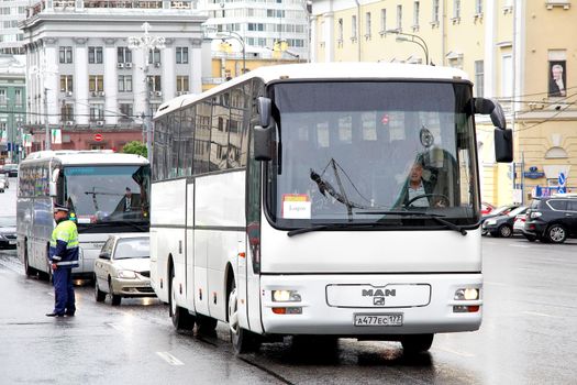 MOSCOW, RUSSIA - JUNE 3, 2012: White MAN A03 Lion's Star interurban coach at the city street.