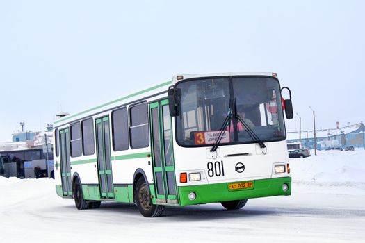 NOVYY URENGOY, RUSSIA - FEBRUARY 9, 2013: White and green LIAZ 5256 city bus at the city street.