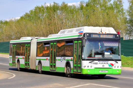 MOSCOW, RUSSIA - MAY 9, 2013: White and green LIAZ 6213 articulated city bus ran on a gas fuel at the city street.