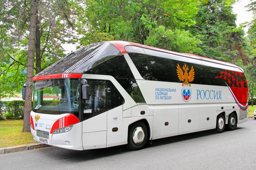 MOSCOW, RUSSIA - JULY 7, 2012: White Neoplan N5217/3SHD Starliner coach of the Russia Football team at the city street.