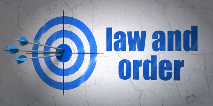 Success law concept: arrows hitting the center of target, Blue Law And Order on wall background
