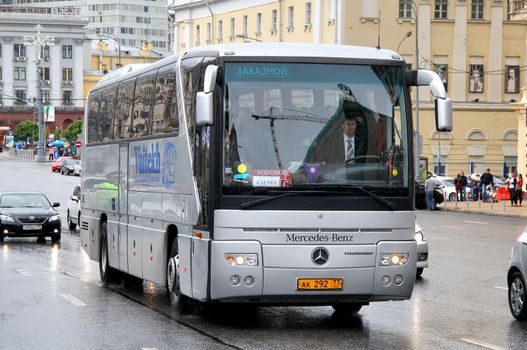 MOSCOW, RUSSIA - JUNE 3, 2012: Grey Mercedes-Benz O350RHD Tourismo interurban coach at the city street.