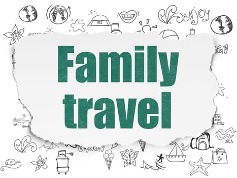 Tourism concept: Painted green text Family Travel on Torn Paper background with  Hand Drawn Vacation Icons