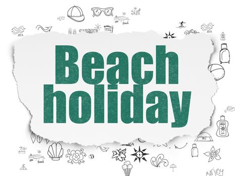 Tourism concept: Painted green text Beach Holiday on Torn Paper background with Scheme Of Hand Drawn Vacation Icons