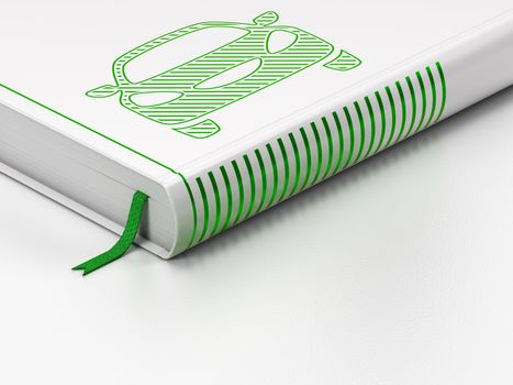 Vacation concept: closed book with Green Car icon on floor, white background, 3d render