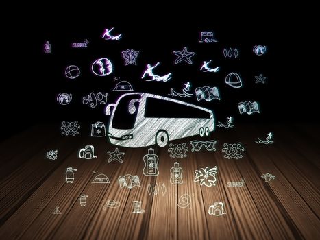 Vacation concept: Glowing Bus icon in grunge dark room with Wooden Floor, black background with  Hand Drawn Vacation Icons
