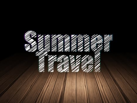 Tourism concept: Glowing text Summer Travel in grunge dark room with Wooden Floor, black background