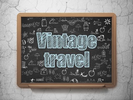 Tourism concept: Chalk Blue text Vintage Travel on School Board background with  Hand Drawn Vacation Icons