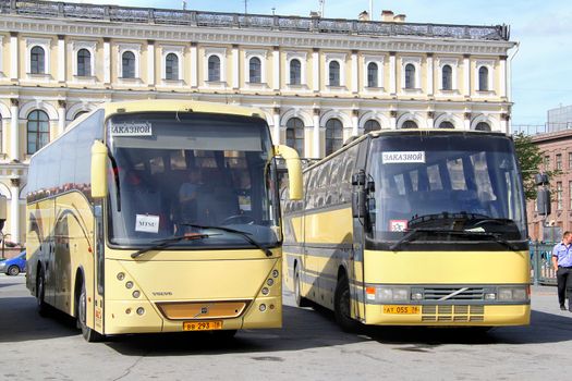 SAINT PETERSBURG, RUSSIA - MAY 25, 2013: Tourist coaches at the Saint Isaac's Square.