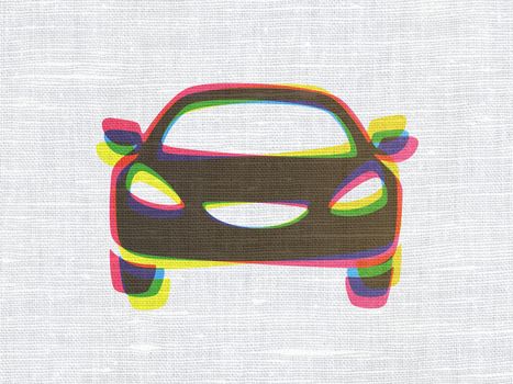 Travel concept: CMYK Car on linen fabric texture background