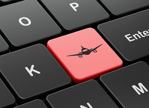 Vacation concept: computer keyboard with Aircraft icon on enter button background, 3d render