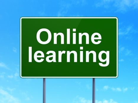 Education concept: Online Learning on green road highway sign, clear blue sky background, 3d render