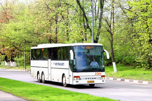 MOSCOW, RUSSIA - MAY 6, 2012: White Setra S317GT-HD interurban coach at the city street.
