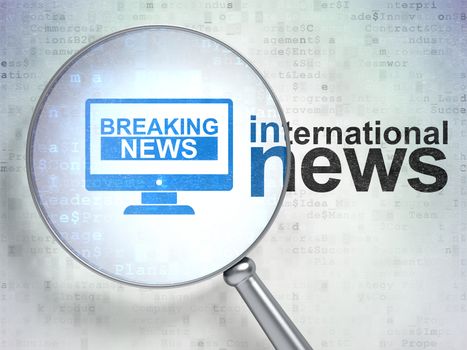 News concept: magnifying optical glass with Breaking News On Screen icon and International News word on digital background
