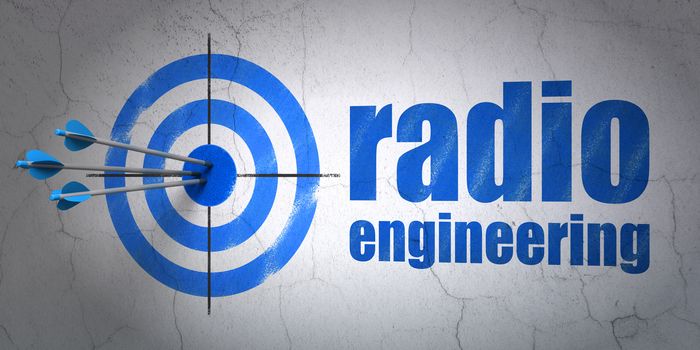 Success Science concept: arrows hitting the center of target, Blue Radio Engineering on wall background