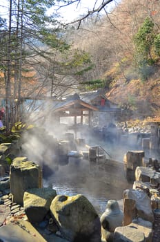 Outdoor hot spring, Onsen in japan in Autumn