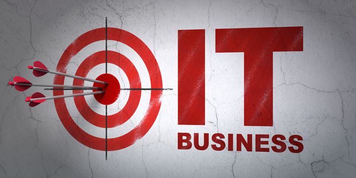 Success finance concept: arrows hitting the center of target, Red IT Business on wall background