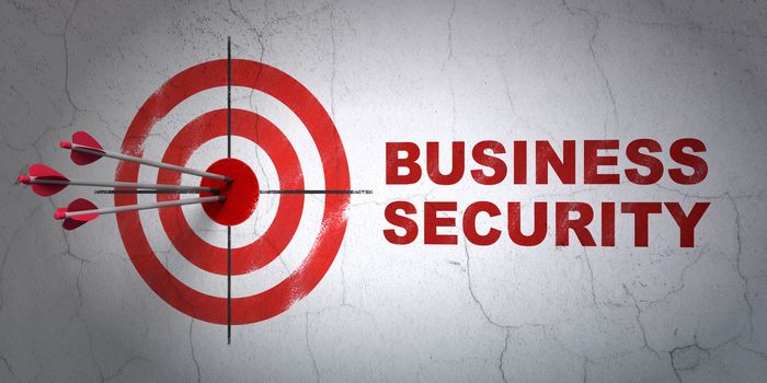 Success protection concept: arrows hitting the center of target, Red Business Security on wall background