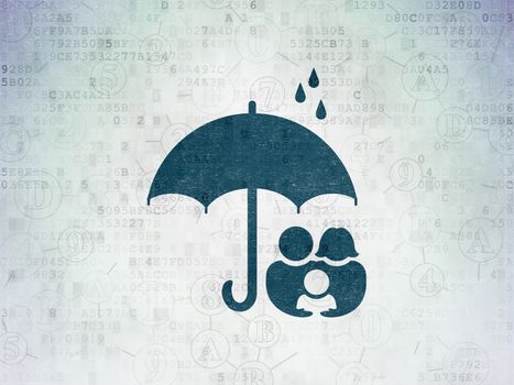 Safety concept: Painted blue Family And Umbrella icon on Digital Paper background with Scheme Of Hexadecimal Code