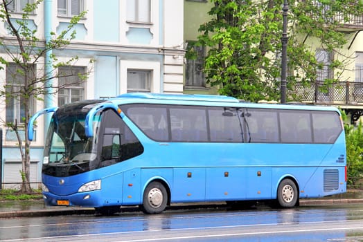 SAINT PETERSBURG, RUSSIA - MAY 26, 2013: Blue Yutong ZK6129H interurban coach at the city street.