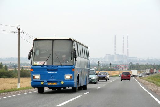 TATARSTAN, RUSSIA - AUGUST 20, 2011: Blue Mercedes-Benz O330 interurban coach at the interurban road.