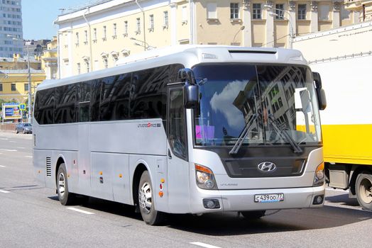 MOSCOW, RUSSIA - JUNE 2, 2013: Grey Hyundai Universe Space Luxury interurban coach at the city street.