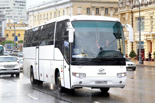 MOSCOW, RUSSIA - JUNE 3, 2012: White Higer KLQ6129Q interurban coach at the city street.
