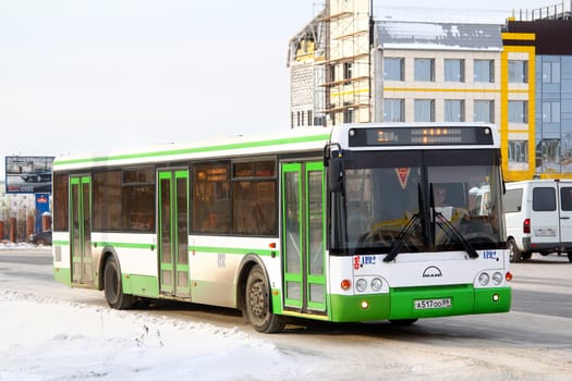 NOYABRSK, RUSSIA - OCTOBER 27, 2012: Green LIAZ 5292 city bus at the city street.