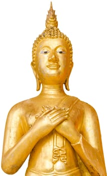 Old and unclean golden standing buddha in public in Thai Temple; Buddha of Friday