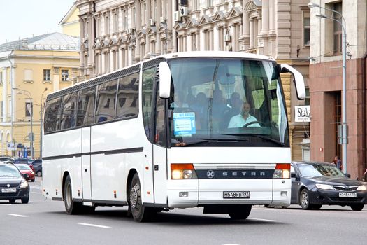 MOSCOW, RUSSIA - JUNE 2, 2013: White Setra S315HD interurban coach at the city street.