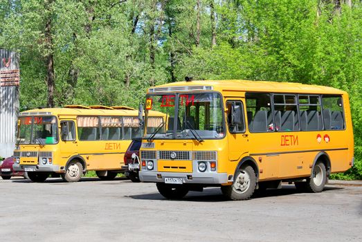 ASHA, RUSSIA - MAY 18, 2014: Yellow PAZ 3205 school buses at the city street.