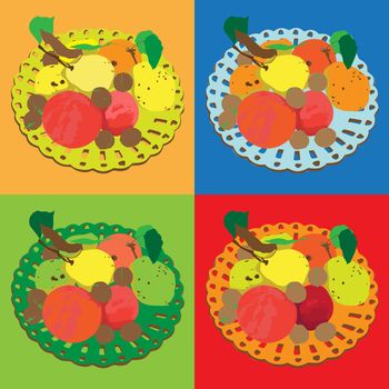 Autumn tile composition series, four different colored hand drawn illustrations  of the same plate with fruits 