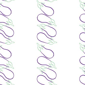 Seamless pattern with eggplants, doodle illustration over white