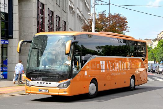 BUDAPEST, HUNGARY - JULY 23, 2014: Interurban coach Setra S515HD at the city street.