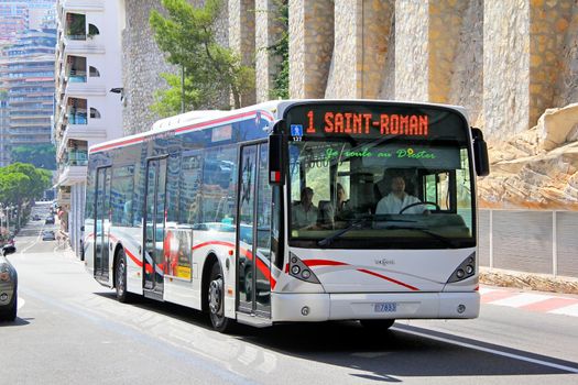 MONTE CARLO, MONACO - AUGUST 2, 2014: Modern city bus Van Hool A330 at the city street.