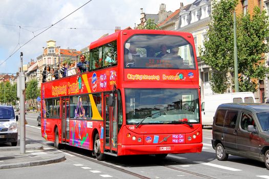 BRUSSELS, BELGIUM - AUGUST 9, 2014: City sightseeing bus East Lancs Myllennium Vyking at the city street.