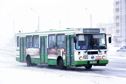 NOVYY URENGOY, RUSSIA - JANUARY 18, 2015: Green city bus LIAZ 5256 at the city street during a heavy blizzard.