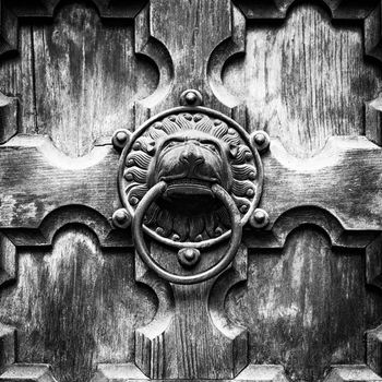 Antique door knocker shaped like lion's head.